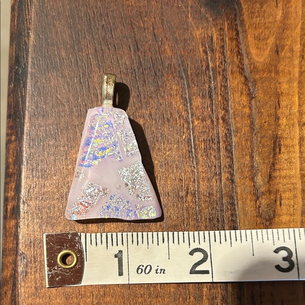 Vintage Pink Dichroic Glass Pendant Silver Accent Boho Statement Necklace - Picture 2 of 5